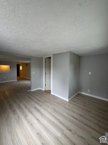 Wood-finish flooring throughout, neutral wall paint, and a classic six-panel interior door