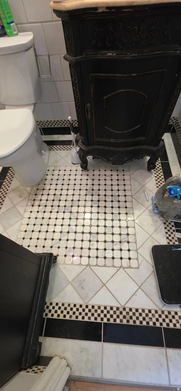 Black and white tiled flooring featuring a central mosaic pattern and checkered border