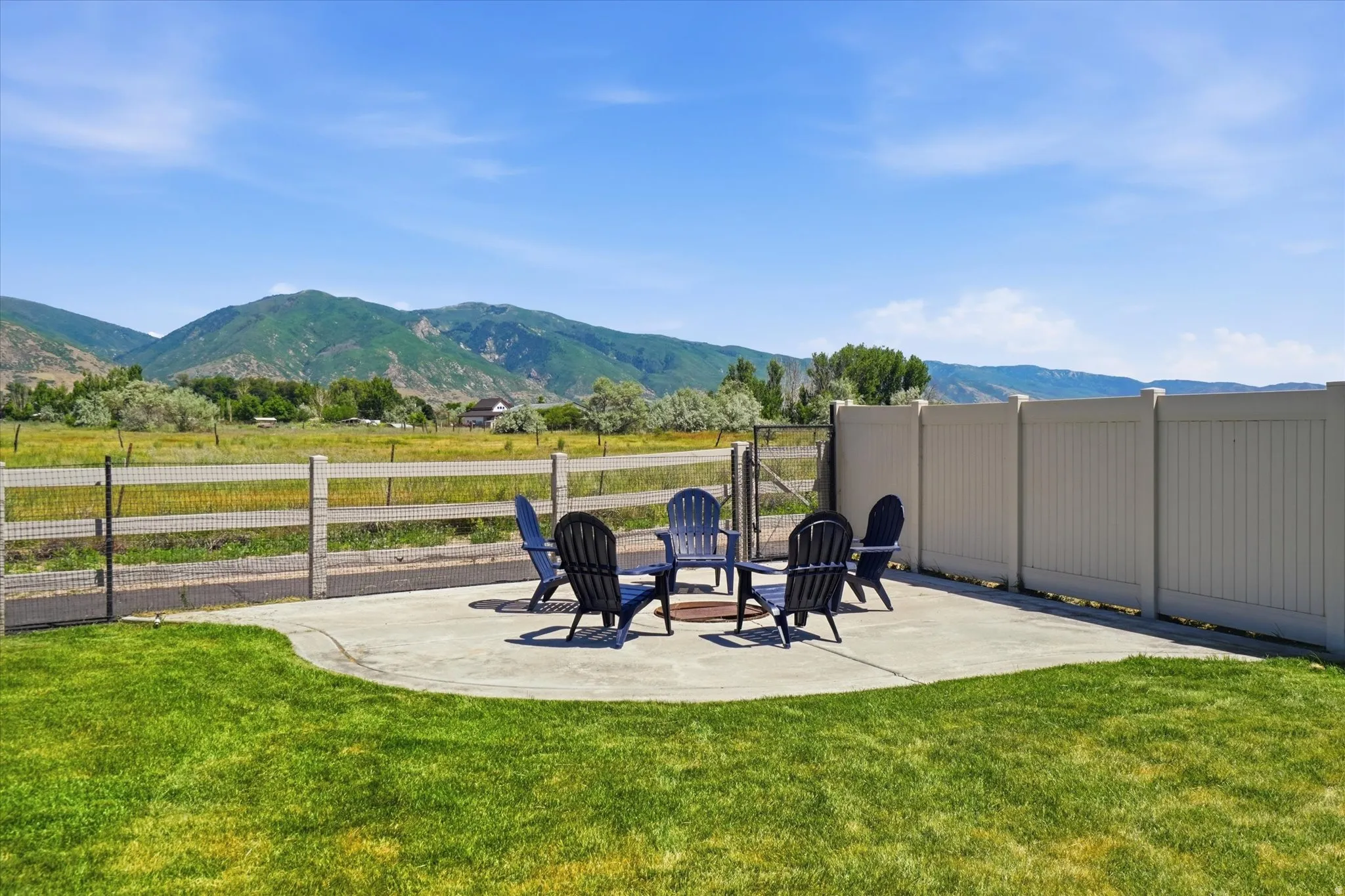 Spacious backyard featuring a curved concrete patio, manicured lawn, and a light-toned privacy fence
