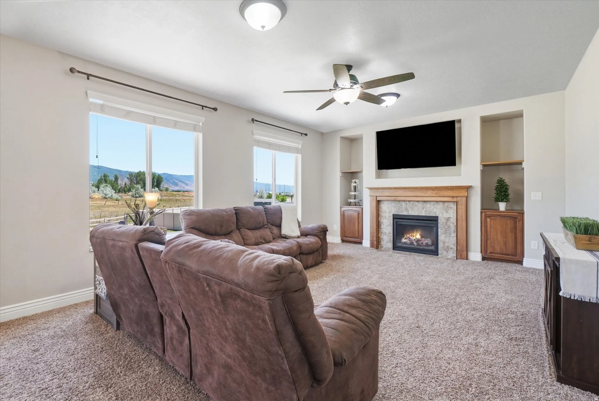 Main floor great room with fireplace