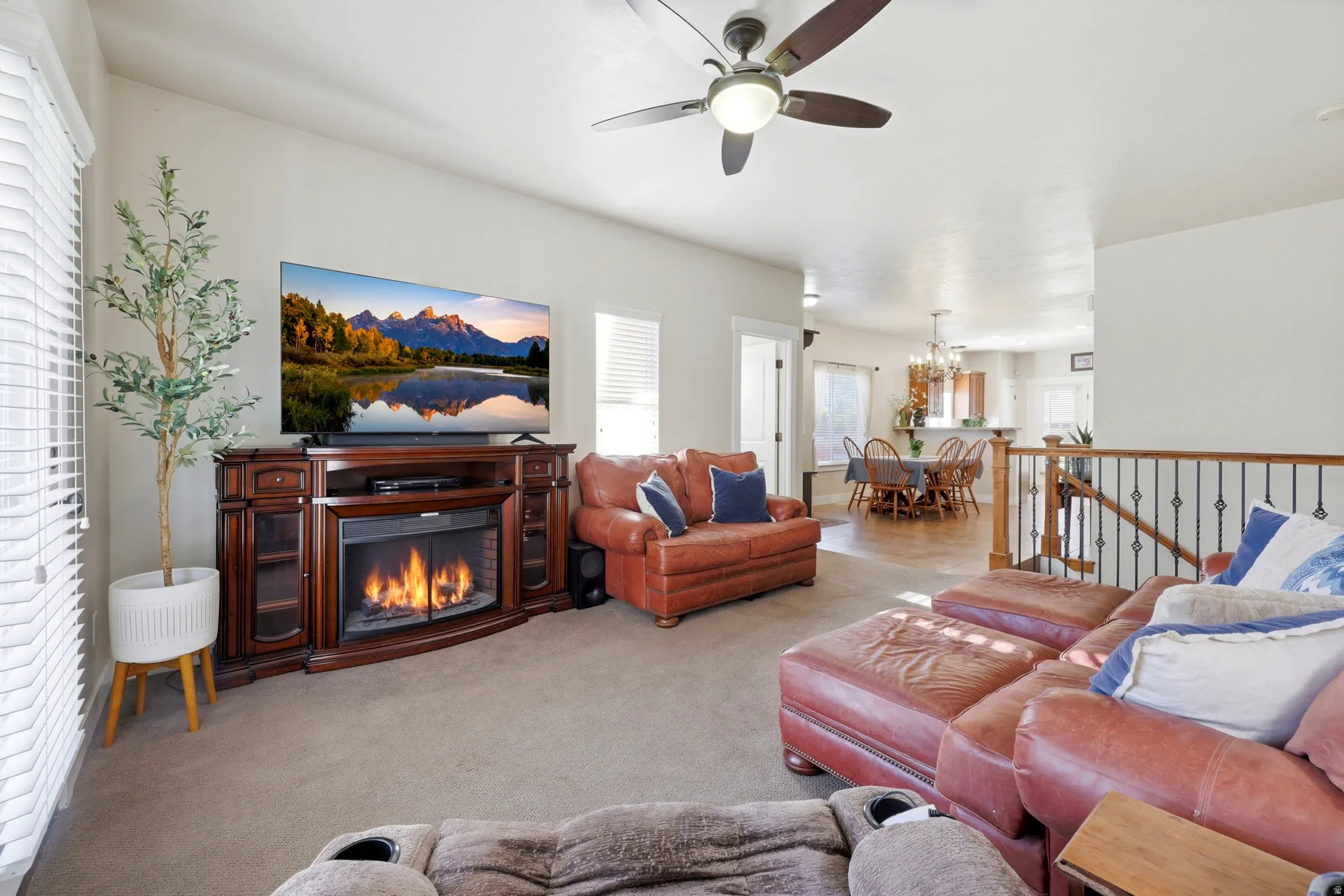 Living area featuring carpet flooring, a ceiling fan, and white window blinds