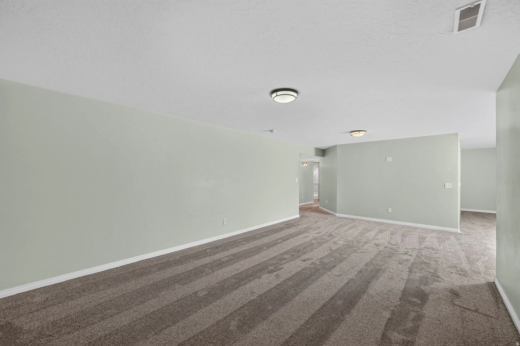 Spacious interior room featuring light-toned walls, textured ceiling, and flush-mount lighting fixtures
