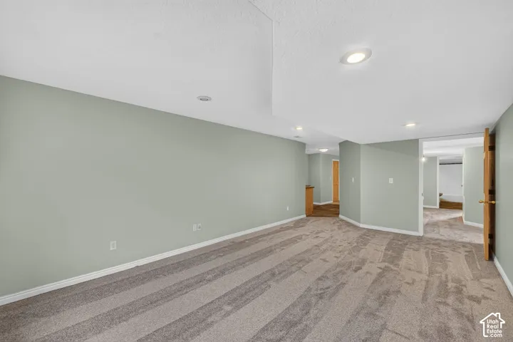 Spacious interior room with light green walls and plush patterned carpeting