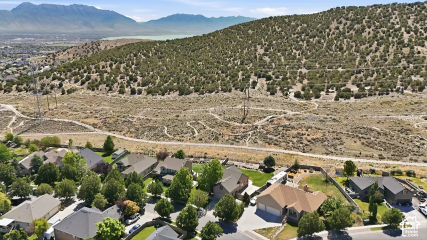 Aerial perspective showcasing residential properties bordering a natural hillside