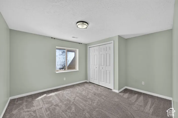 Carpeted room featuring a window, bi-fold closet doors, a ceiling-mounted light fixture, and light green walls with white trim