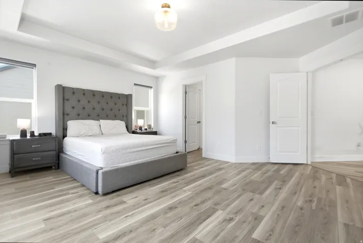 Spacious room featuring light wood-finish flooring, a tray ceiling with a central light fixture, and white painted walls