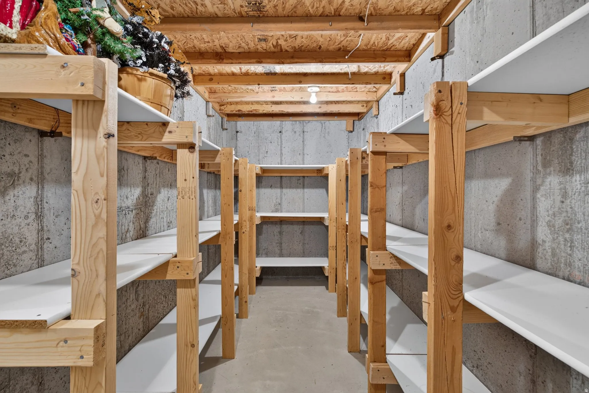 Dedicated storage room featuring concrete walls, a concrete floor, and exposed wood ceiling joists