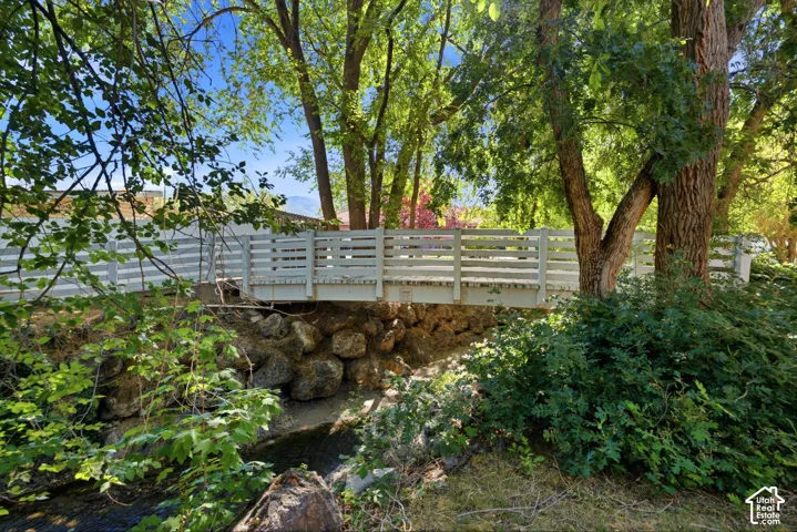 Wooden footbridge with painted white railing over a natural stream