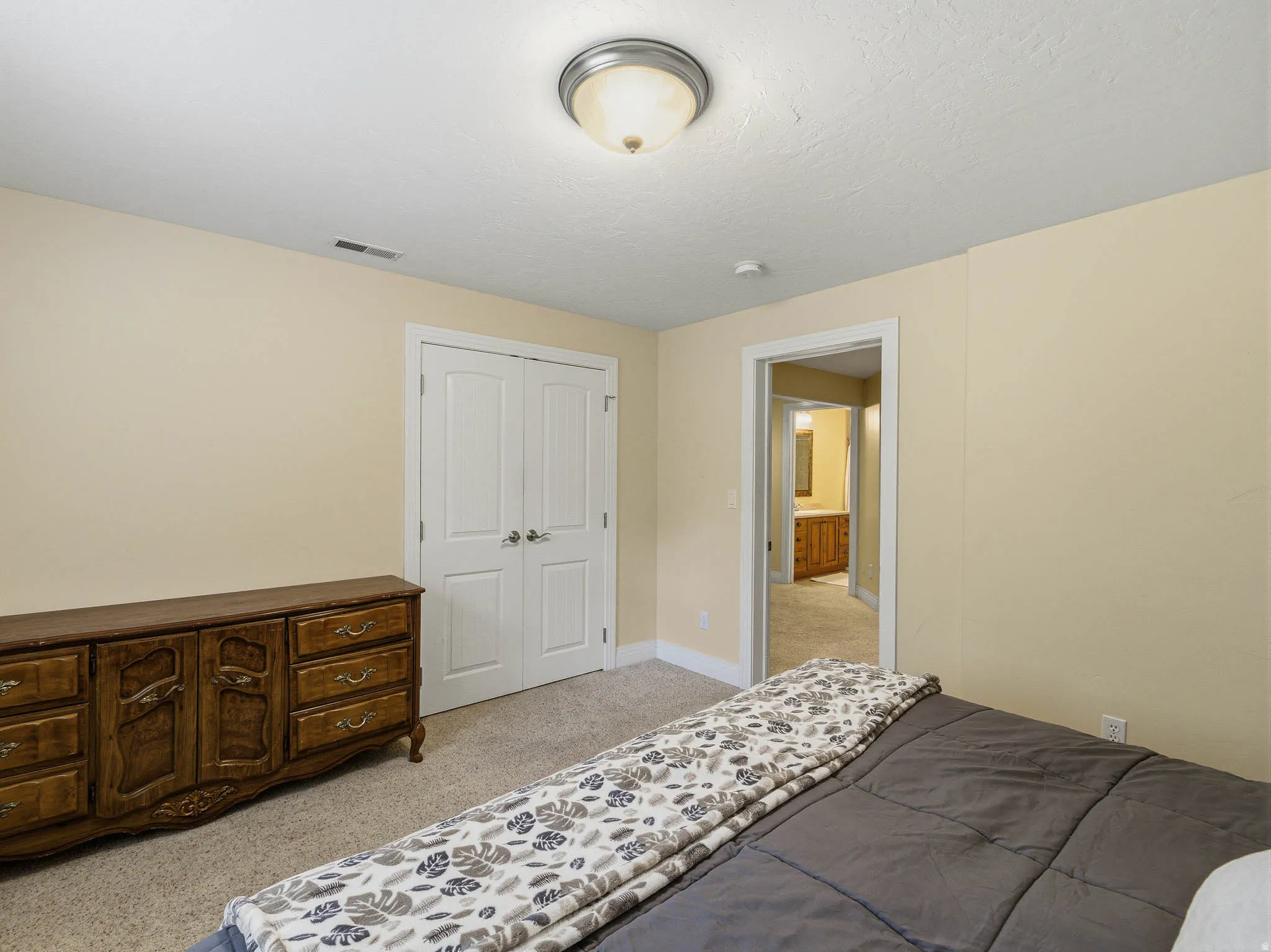 Carpeted room featuring light beige wall paint and a flush-mount ceiling light fixture
