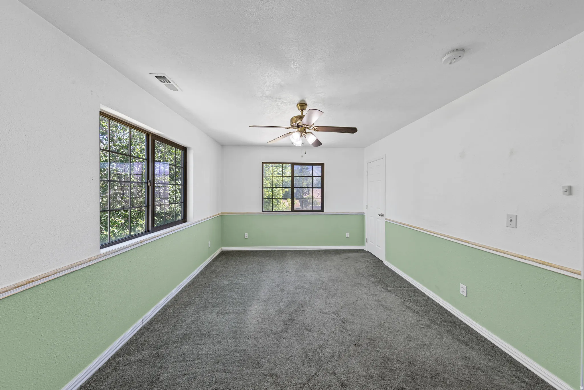 Carpeted room with white and green two-tone walls, featuring two large black-framed windows, a ceiling fan with light fixture, and a white door