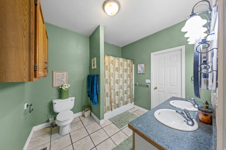Bathroom featuring a dual-sink vanity with a blue countertop, a separate toilet area, a shower with a patterned curtain, overhead lighting, and wood-finish cabinetry