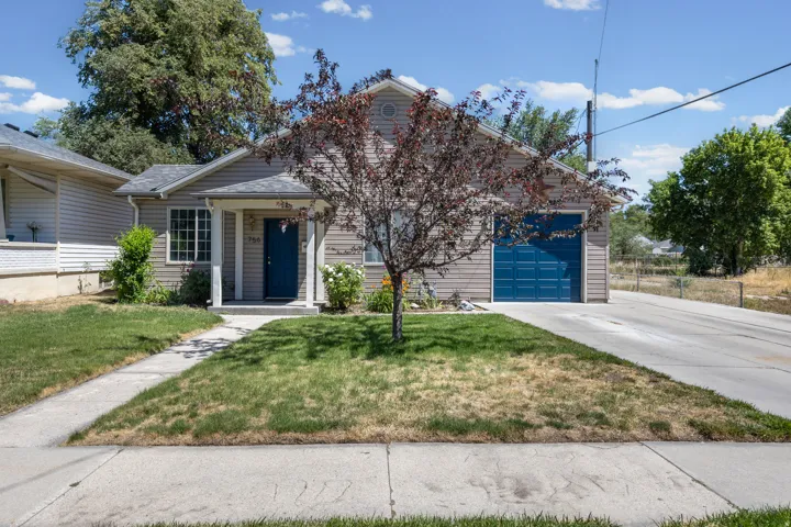 Ranch-style residence featuring light-colored siding, an attached garage with a blue door, a covered entry, and a concrete driveway