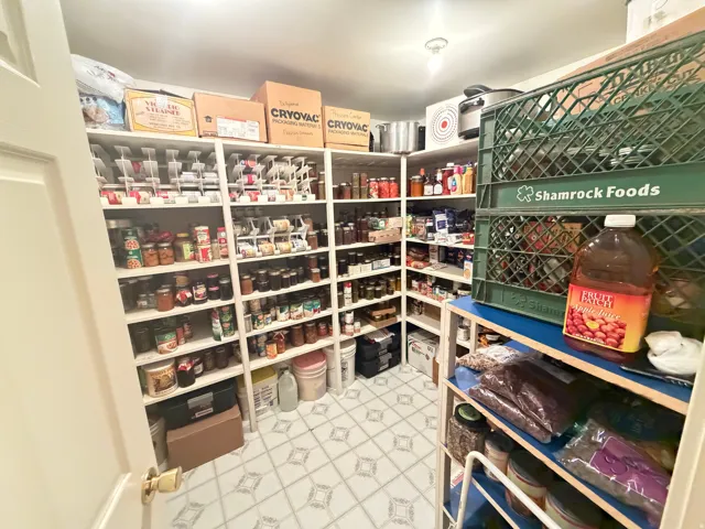 Spacious walk-in pantry featuring built-in shelving, ample storage capacity, and patterned floor tiling