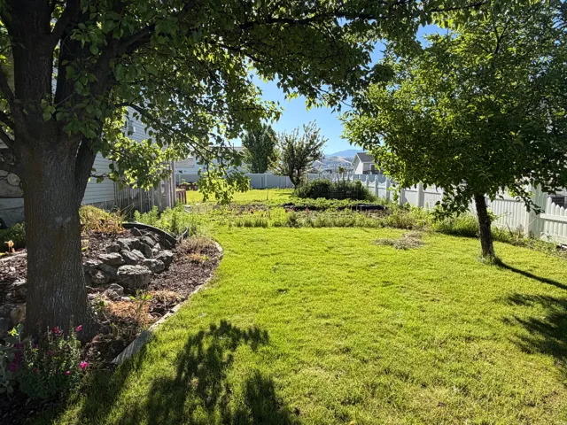 Expansive rear yard featuring green lawn, established trees, and a decorative rock border