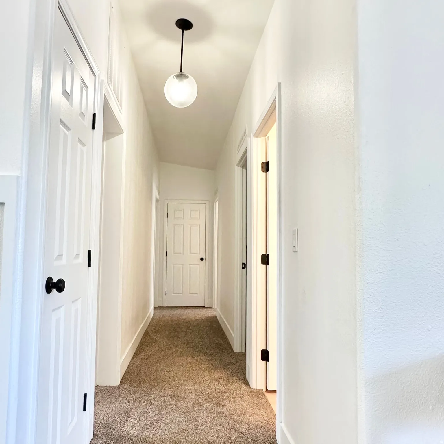 Hallway with neutral tone carpeting, white paneled doors, and matte black hardware