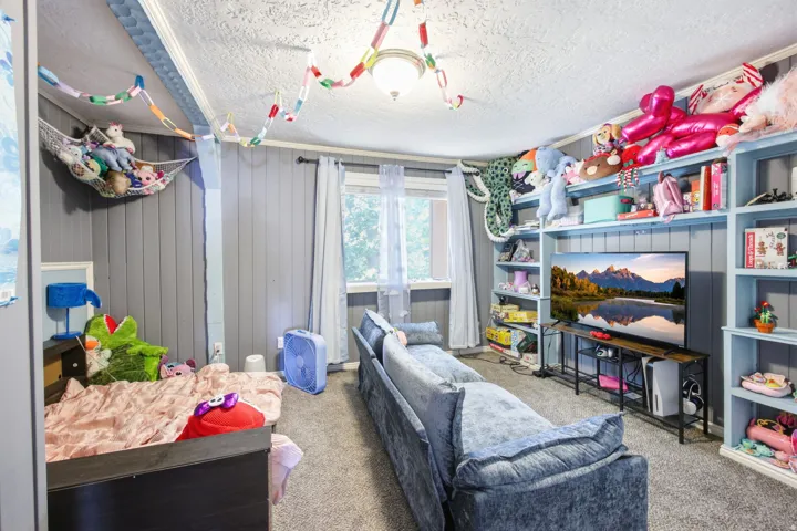 Carpeted interior space featuring a window, textured ceiling, vertical paneling on walls, and built-in shelving