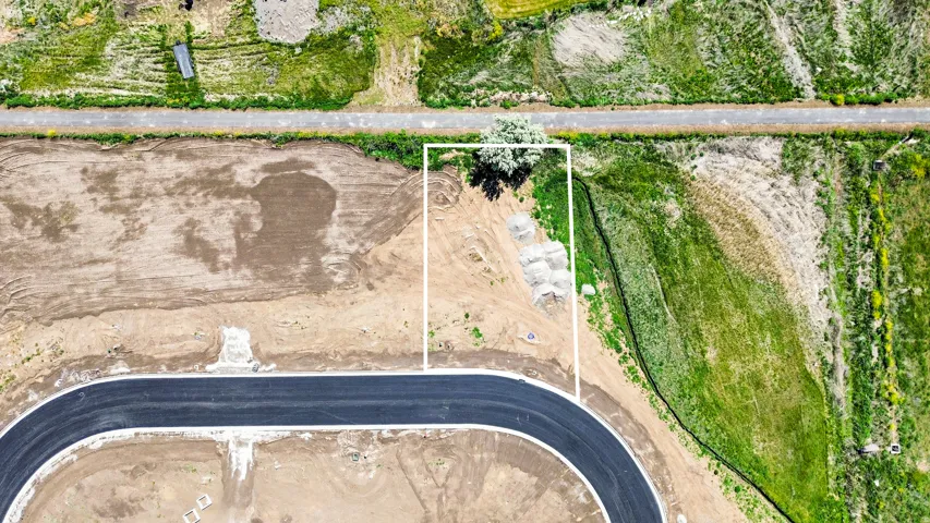 Aerial view of a rectangular property boundary featuring a tree and partial landscaping