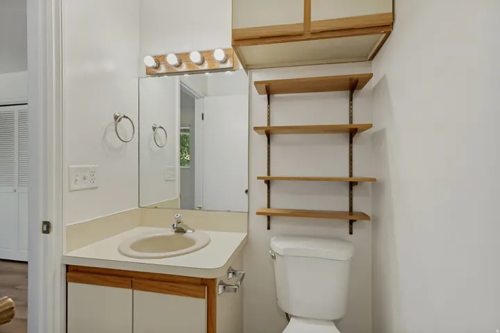 Vanity with integrated sink, wood-finish cabinetry, wall-mounted mirror, and overhead lighting fixture