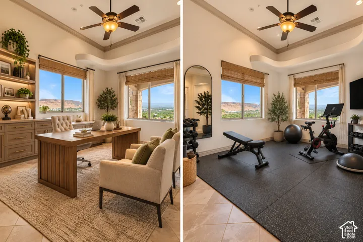 Versatile room featuring built-in cabinetry, large windows with woven shades, and a ceiling fan