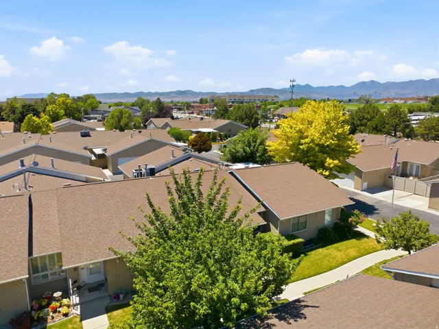 Residential community with uniform brown shingle roofs