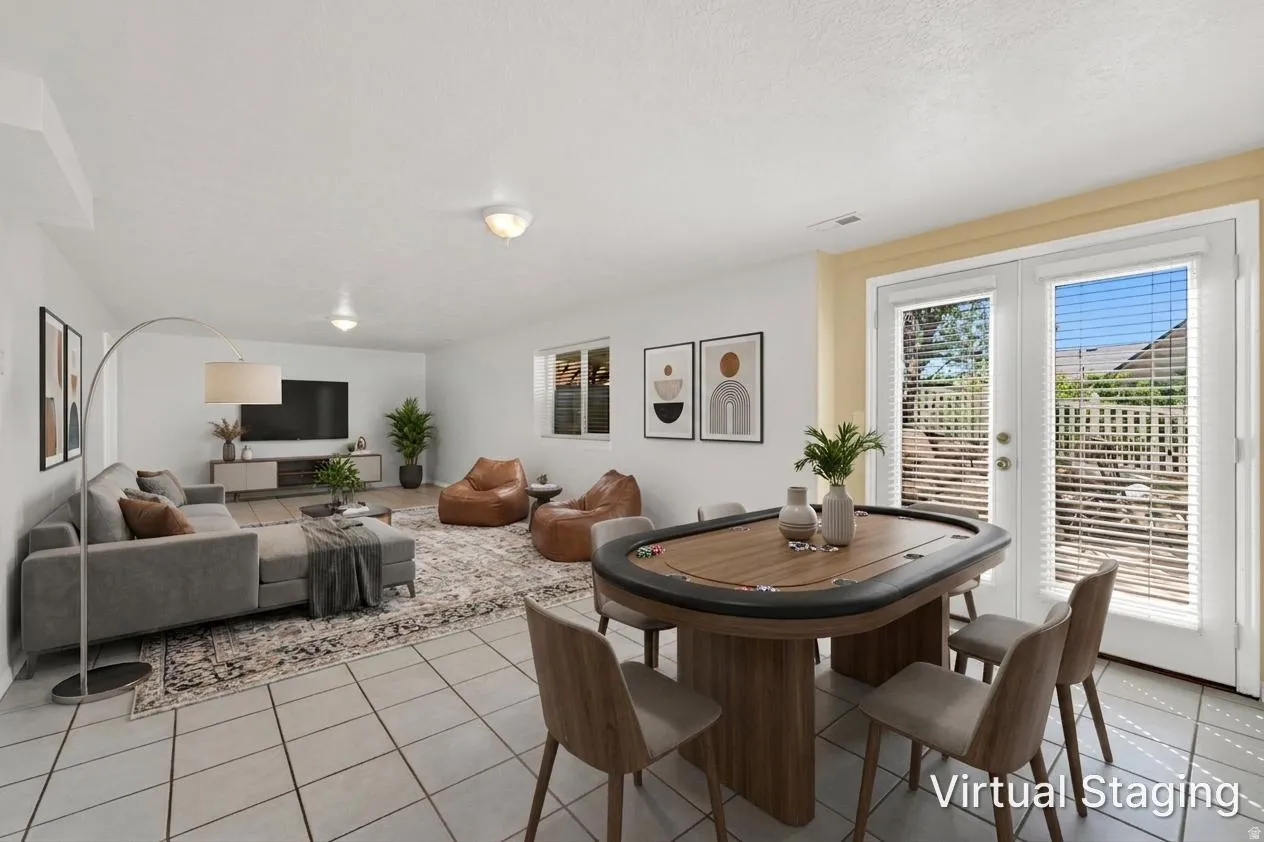 Spacious interior featuring light-toned tile flooring throughout