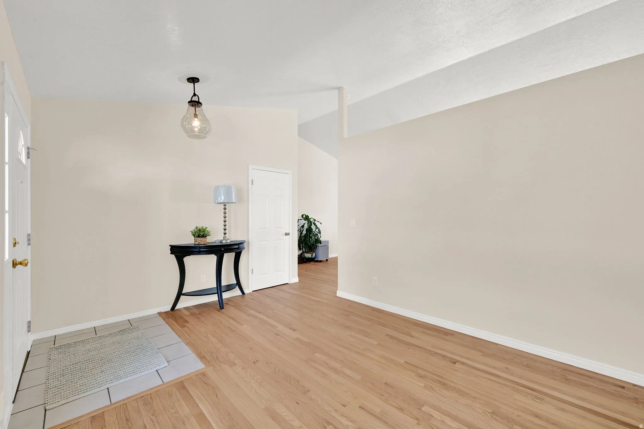 Entryway with wood-finish flooring and a tiled landing