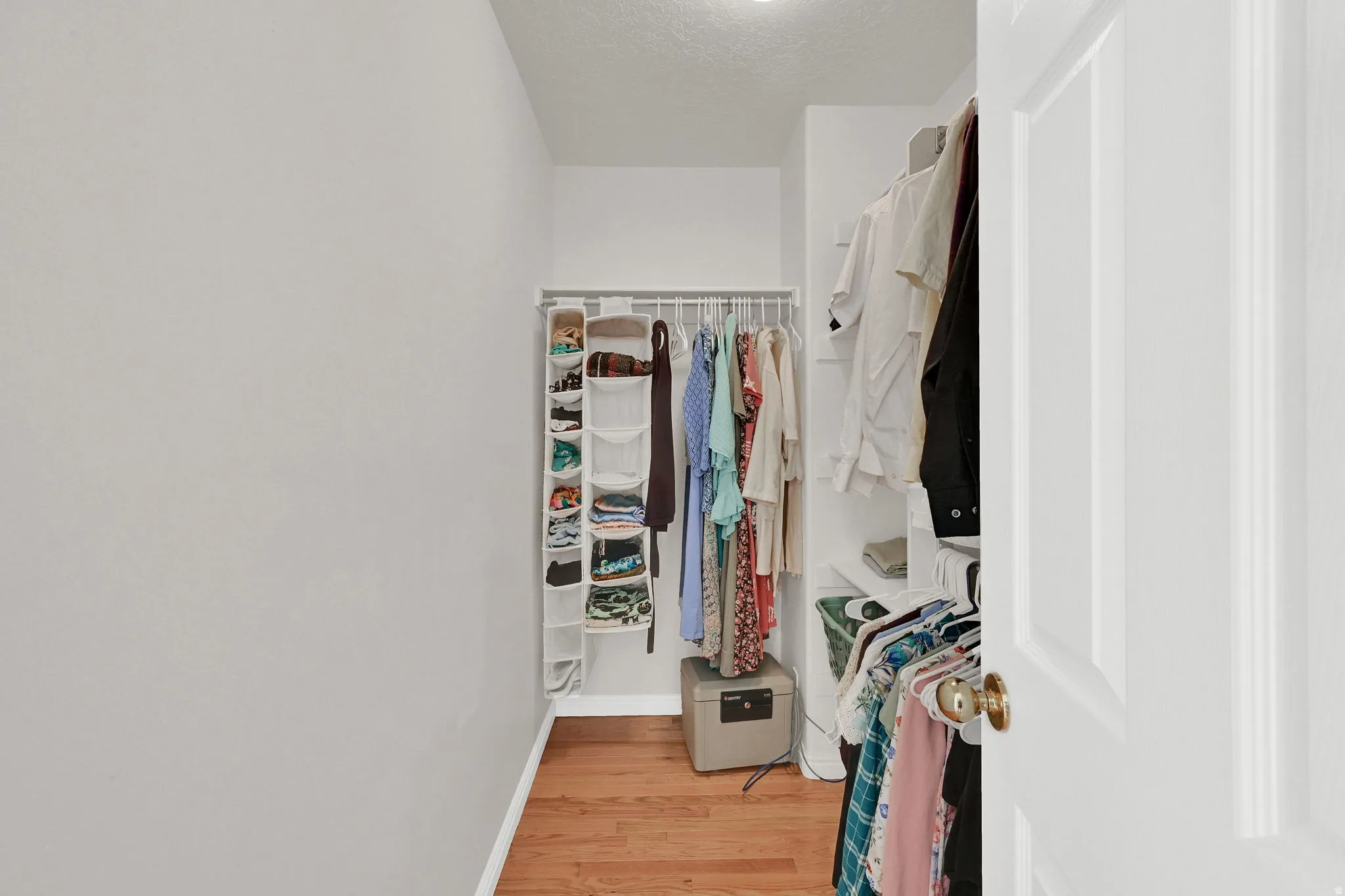 Walk-in closet featuring wood-finish flooring, white walls, and built-in shelving