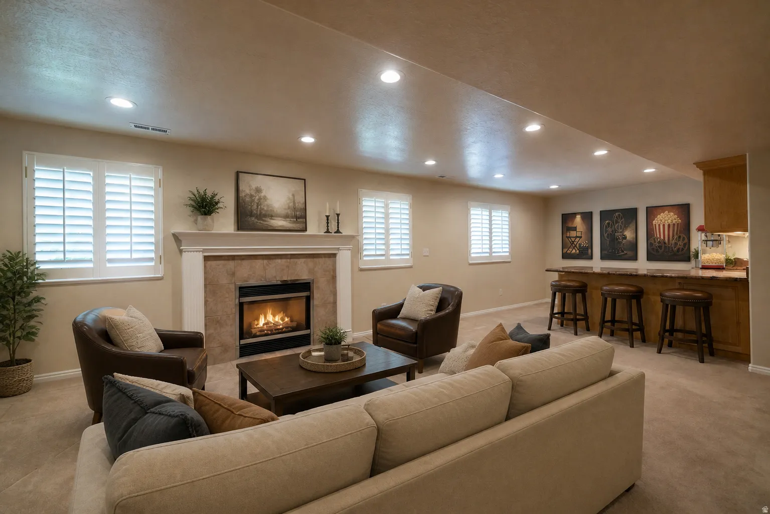 Virtually Staged - Living space featuring a gas fireplace with a stone surround and white mantel, plantation shutters, recessed lighting, and a built-in wet bar with a countertop and under-bar cabinetry