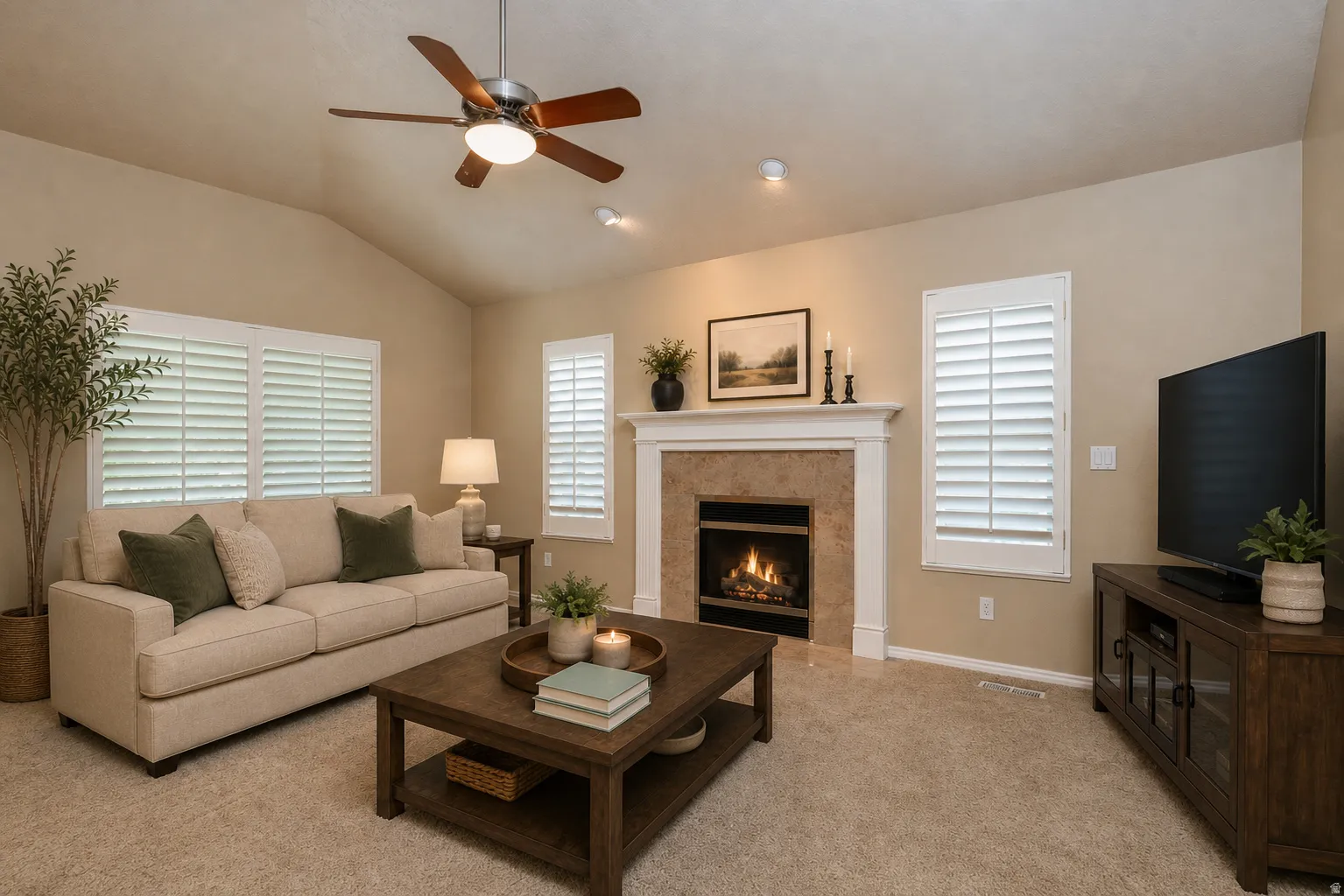Virtually Staged - Living area featuring a gas fireplace with a stone surround and white mantel, vaulted ceiling, wood-blade ceiling fan with integrated lighting, and plantation shutters