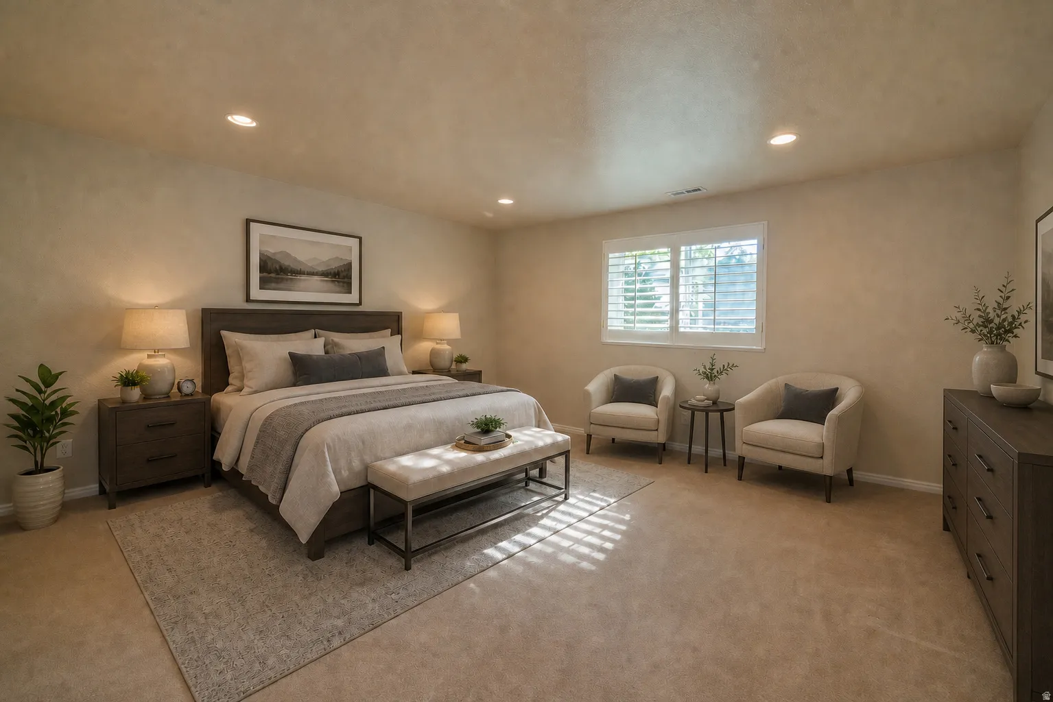 Virtually Staged - Carpeted room featuring recessed lighting, a window with plantation shutters.