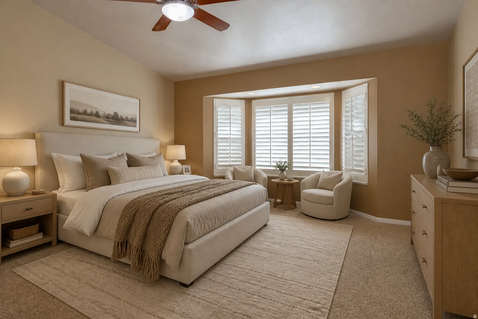 Virtually Staged - Master bedroom featuring a bay window with plantation shutters, vaulted ceiling, and ceiling fan