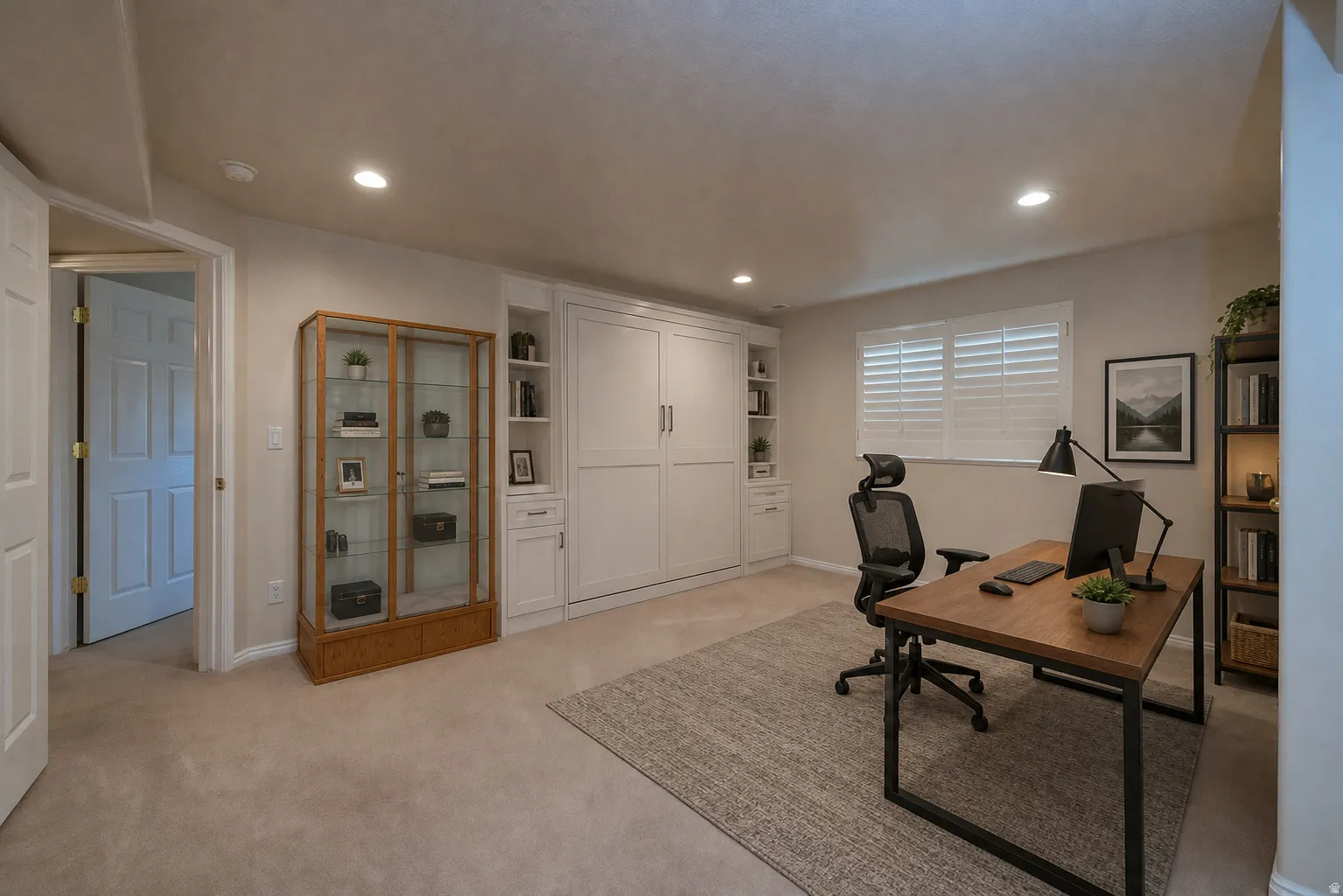 Virtually Staged - Versatile room featuring recessed lighting, a built-in wall unit with shelving and integrated cabinetry, and neutral-toned carpeting