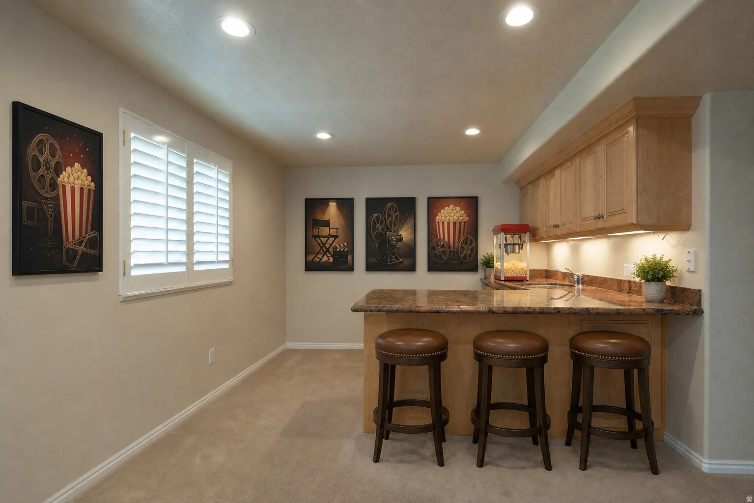 Virtually Staged - Built-in wet bar with drink refrigerator, wood cabinetry, granite countertop, and integrated sink.