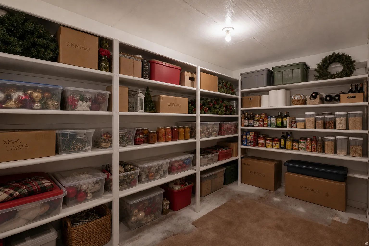 Virtually Staged - Spacious walk-in pantry featuring extensive built-in shelving, ceiling lighting