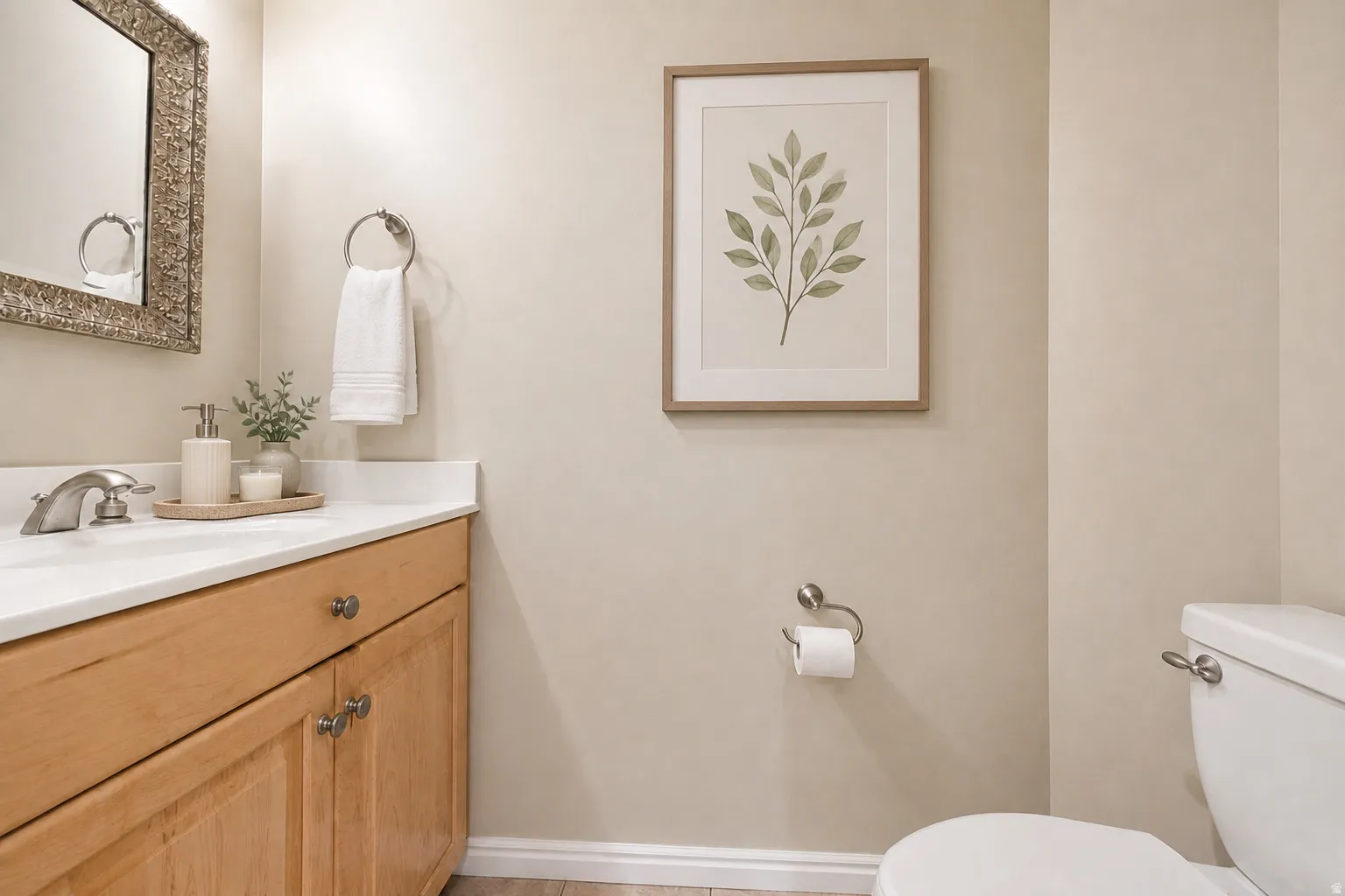 Virtually Staged - Hall bathroom on mail level featuring a vanity with light wood cabinetry, white countertop, and brushed nickel faucet