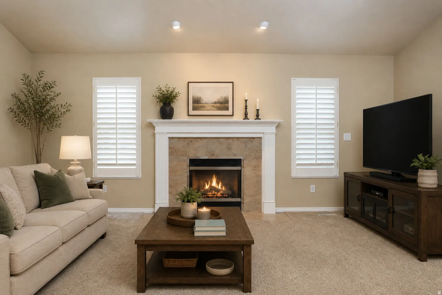 Virtually Staged - Living space featuring a fireplace with a stone surround and white mantel, flanked by two windows with plantation shutters