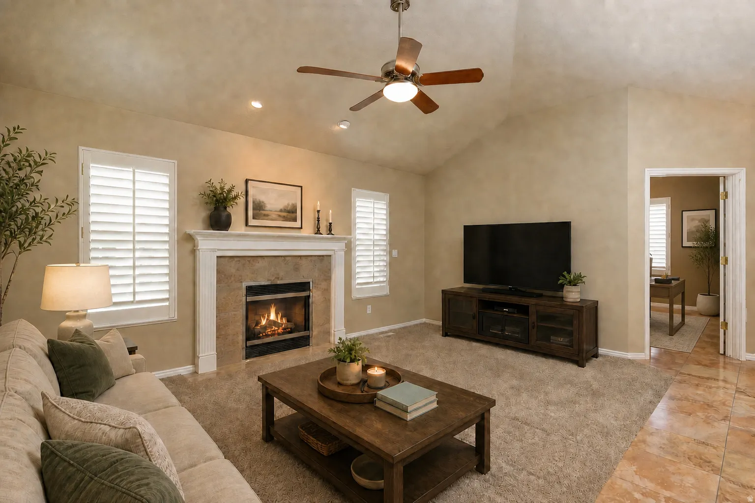 Virtually Staged - Living area with vaulted ceilings and a ceiling fan. Main level office in view.