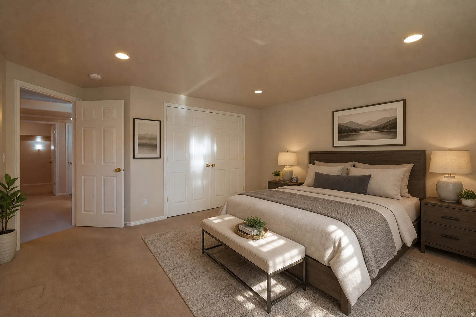 Virtually Staged - Carpeted bedroom with recessed lighting and a ceiling fan