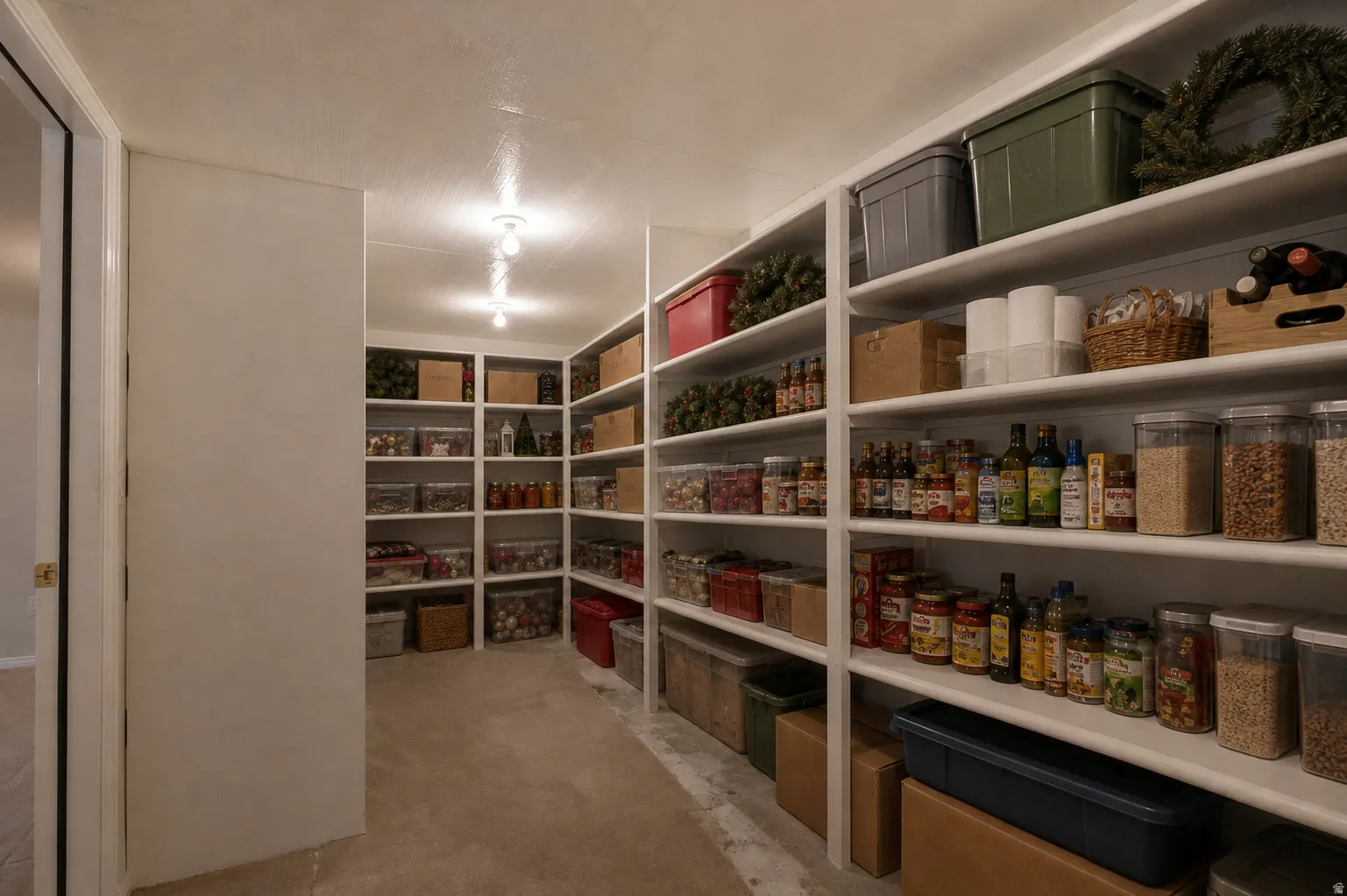Virtually Staged - Spacious walk-in pantry featuring extensive built-in shelving, ceiling lighting