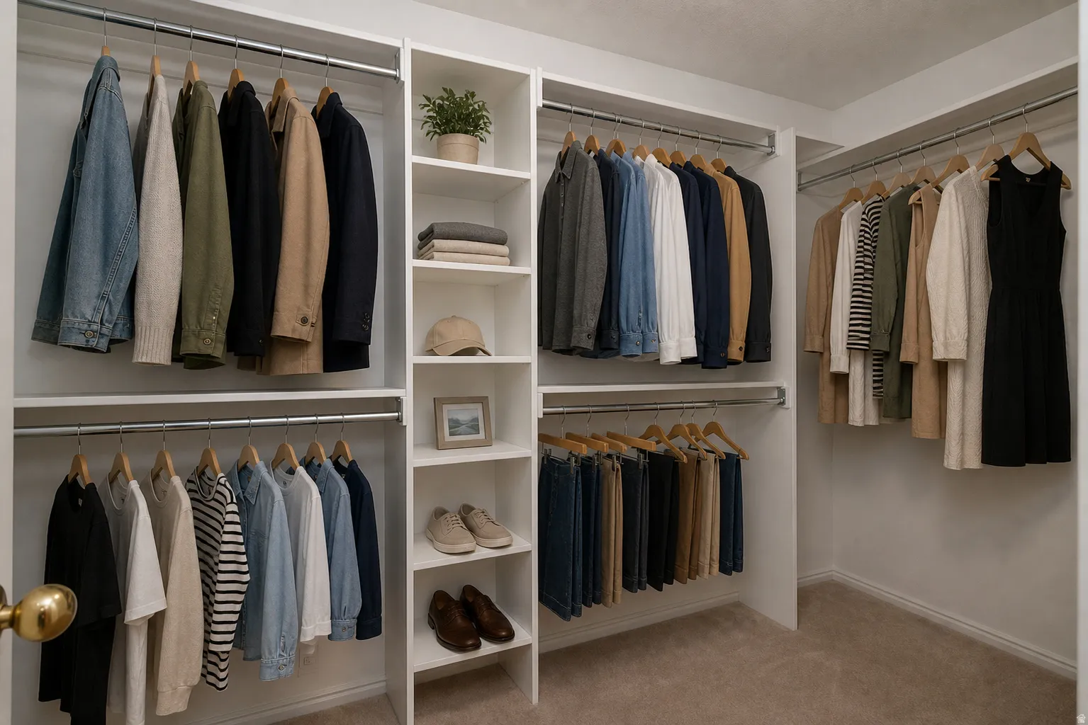 Virtually Staged - Master walk in closet. Custom closet system featuring white built-in shelving, multiple hanging rods, and corner storage