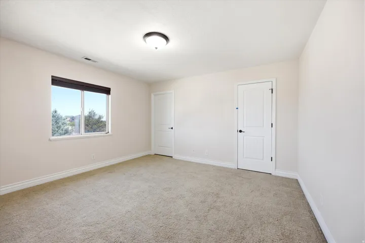 Carpeted room with a double-pane window, white trim, two paneled doors, and a ceiling-mounted light fixture