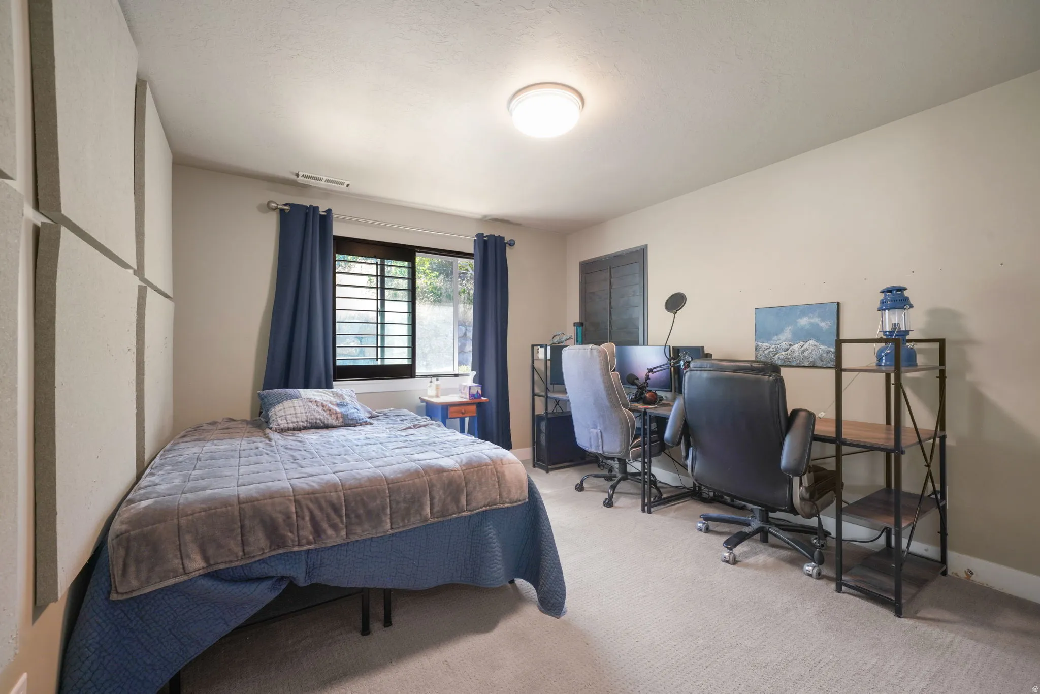 Bedroom with neutral-toned walls and carpeted flooring