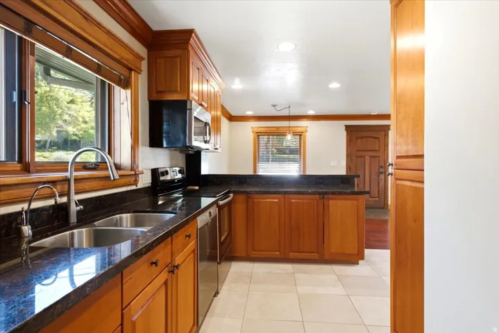 Well-appointed kitchen featuring wood cabinetry, dark countertops, a double stainless steel sink, and stainless steel appliances