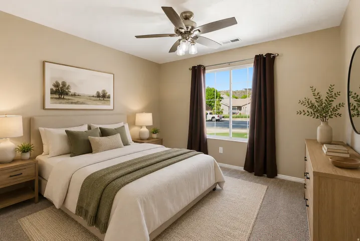 Carpeted bedroom featuring a large window, neutral wall paint, and a ceiling fan with integrated lighting