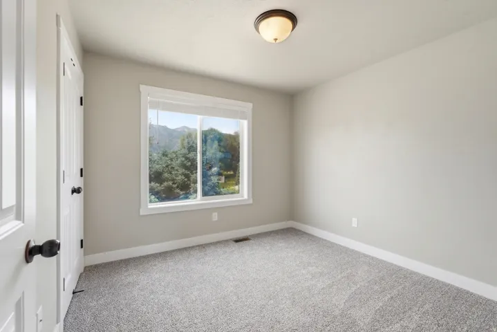Room featuring light gray wall paint, gray patterned carpeting, white trim, and a window with a mountain and tree backdrop