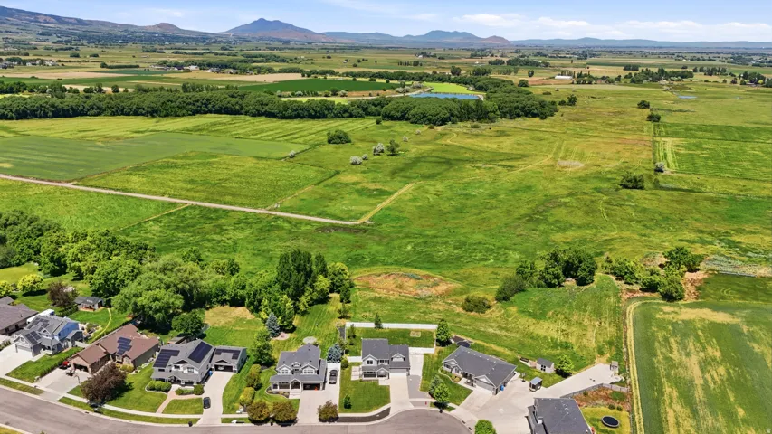 Expansive land parcel featuring open fields, mature tree lines, and distant mountain backdrops