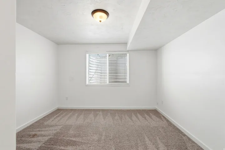 Room featuring neutral-toned patterned carpeting, white walls, and a single window with horizontal blinds