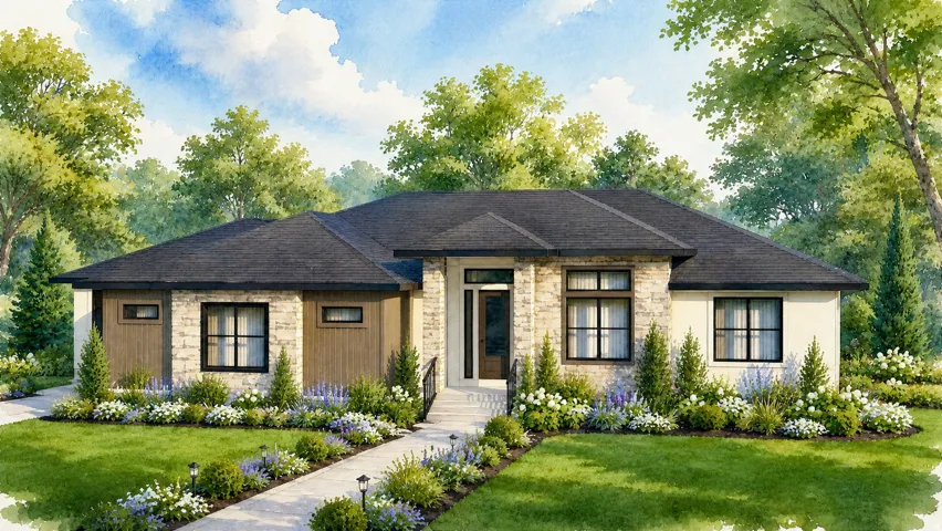 Contemporary ranch-style residence featuring a dark shingle roof, stone and stucco facade, and vertical wood-finish siding accents