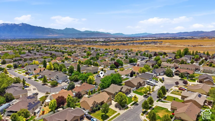 Suburban residential area with established homes and mature trees, set against a backdrop of distant mountains and open land