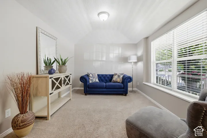 Vaulted ceiling room featuring light-toned carpeting, neutral wall paint, and multiple windows with horizontal blinds